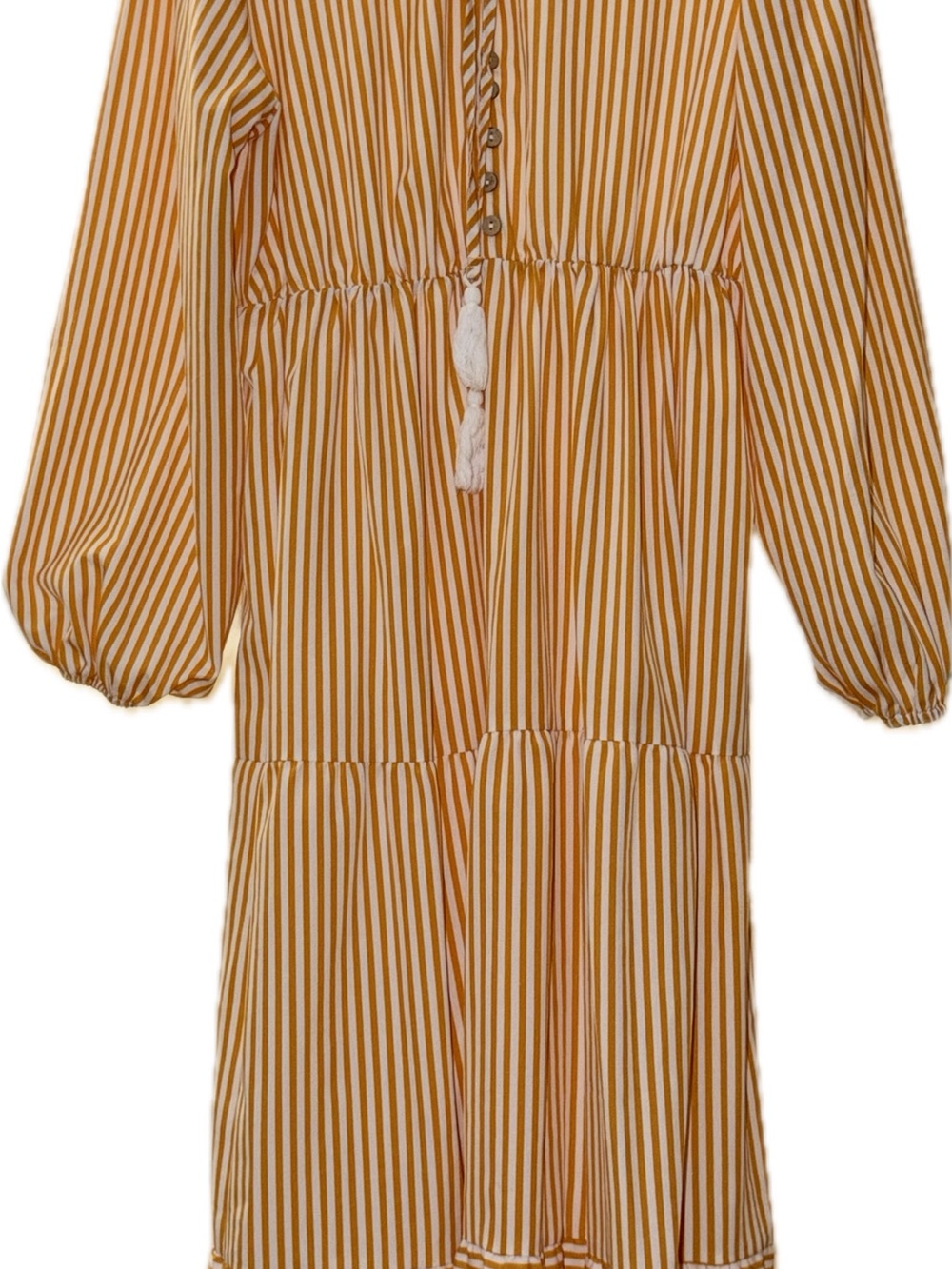 Girls Striped Mustard & White Tiered Dress